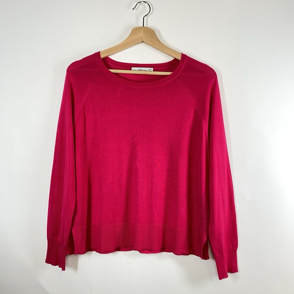 Zara Women's Barbie Pink Knit Sweater Size S Long Sleeve Round Neck Lightweight